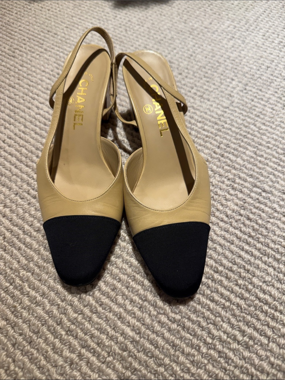 CHANEL Beige Leather Slingback Pumps with Black Cap Toe